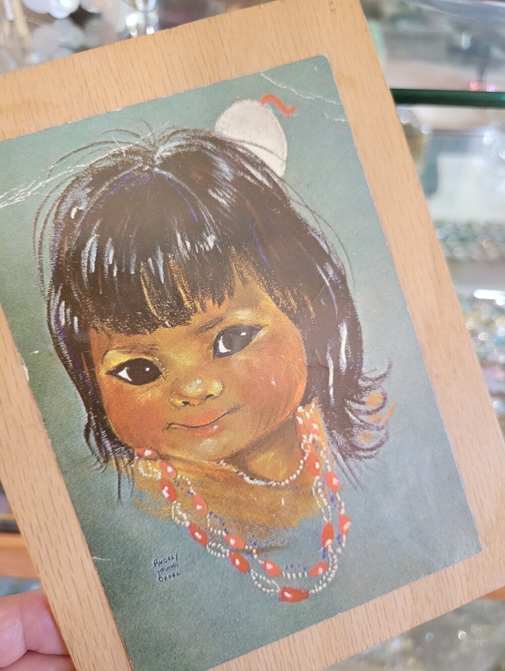 Vintage Audrey Young Oppel Art Indigenous Girl 1970s Card on Wood